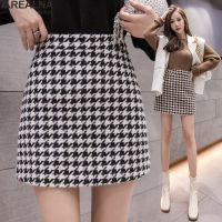 2020 Autumn Winter Houndstooth women Short Skirt Tweed plaid High Waist Slim mini A-line Black office woman Skirts falda mujer