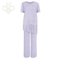 ✣ Aiden001 6166 Average Size Pleated Solid Color Tassel Short-Sleeved Top High Waist Slim Trousers Suit Womens Two-Piece Set