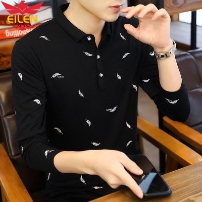 EILEN เสื้อยืดแขนยาวของผู้ชายเทรนด์ฉบับภาษาเกาหลีเพรียวบางเสื้อโปโลเสื้อโปโลของชายหนุ่ม