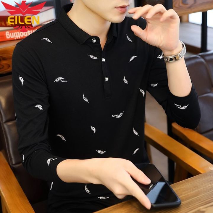 eilen-เสื้อยืดแขนยาวของผู้ชายเทรนด์ฉบับภาษาเกาหลีเพรียวบางเสื้อโปโลเสื้อโปโลของชายหนุ่ม