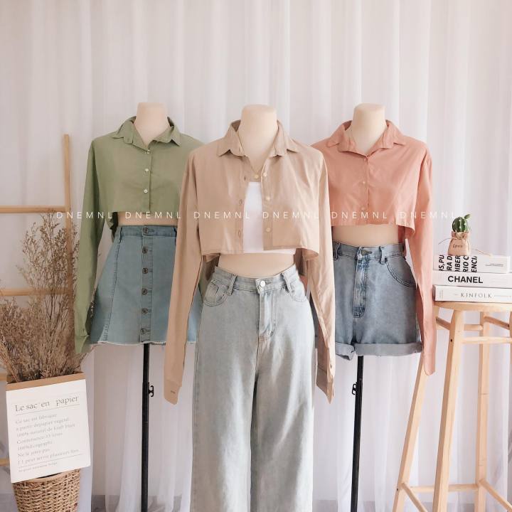 DNEMNLPH Cropped Longsleeves Vintage Linen & Flannel (Trendy Korean ...