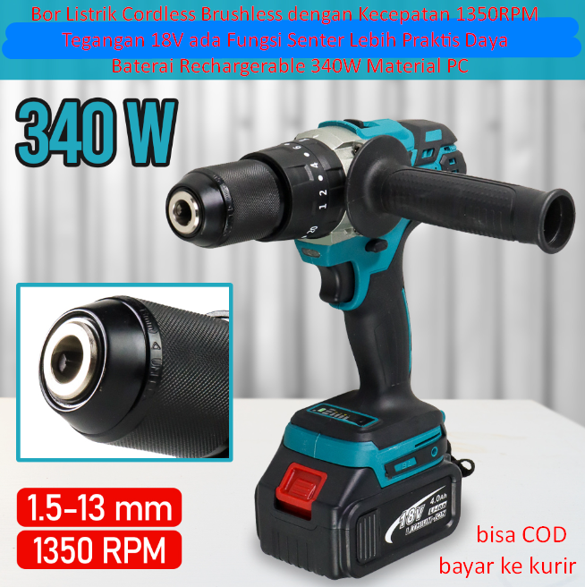 Bor Listrik Cordless Brushless Dengan Kecepatan 1350RPM Tegangan 18V ...