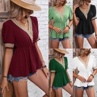 The new summer 2023 v-neck lace short-sleeved t-shirts ms accept waist shirt temperament elegant chiffon blouse