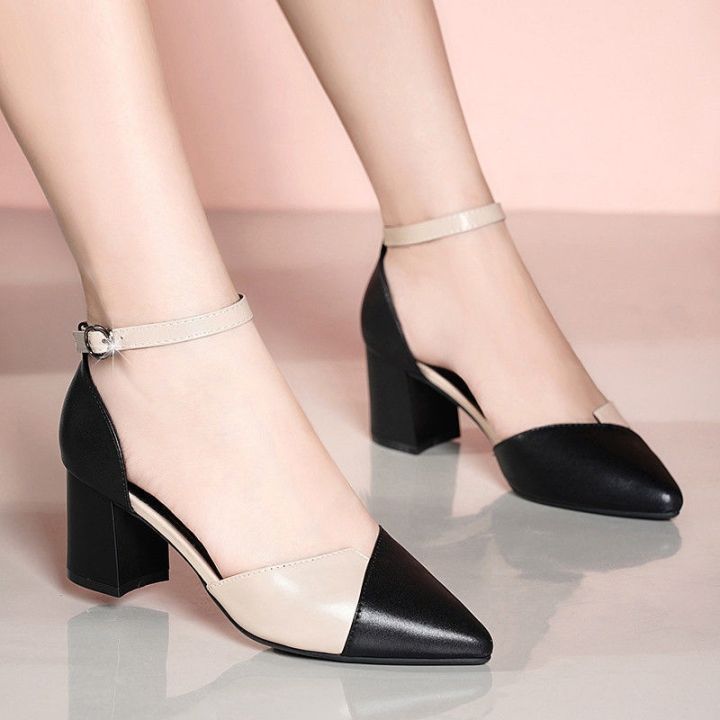 comemore-รองเท้าส้นสูงหัวแหลมสำหรับผู้หญิง-รองเท้าแตะ2021หัวเข็มขัดหวานน่ารักรองเท้าครึ่งข้อสูงหนัง-pu-สีดำลำลองฤดูhouse-of-barbie