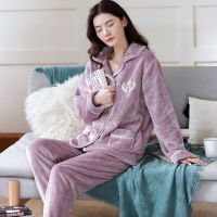 Newest Women Flannel Pajamas Set With Pants Long Sleeve Turn-down Collar With Pocket Pyjama Cute Cartoon Button Top Pants Pijama