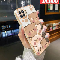 JIUMOO เคส4F สำหรับ OPPO A93 2020 F17 Pro Reno 4 Lite Reno,เคสการ์ตูนหมีน่ารักใบหน้าขอบสี่เหลี่ยมดีไซน์ใหม่เคสมือถือลายชุบบางกรอบฝาปิดเลนส์กล้องเต็มป้องกันเคสนิ่มกันกระแทก