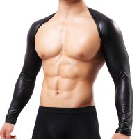 Men Faux Leather Chest Harness Mesh Patchwork Lingerie Harness Tops Long Sleeve Crop Top Sexy Club Party Black Costumes