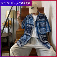 MOQOOL เสื้อเชิ้ตแขนสั้นลายดอกมะม่วงหิมพานต์สำหรับผู้ชาย,เสื้อเชิ้ตแขนสามส่วนสไตล์ฮิปฮอปทรงหลวมสำหรับคนรักฤดูร้อน