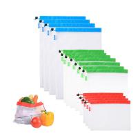 1Pc White Bunch Pocket Color Strip Stitching Mesh Shopping Bag Supermarket Fruit And Vegetable Package