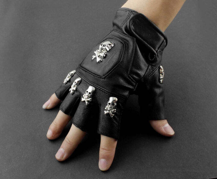 Mens Real Leather Skull Punk Rocker Driving Motorcycle Biker Fingerless