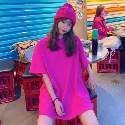 COD DSFDGDFFGHH Solid color T-shirt womens short sleeve large net red summer ins super fire medium length loose T-shirt dress