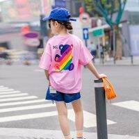 [COD] summer parent-child short-sleeved t-shirt 2021 new middle and big children Korean style fashion western rainbow loose bottoming