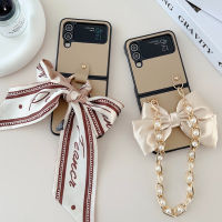 CSCR Bowknot เคสสำหรับ Samsung Galaxy โทรศัพท์ Z Flip 4 3กับแหวนกระเป๋าใส่ของสำหรับ Flip3 Flip4โซ่มุกปกหนังสายคล้องไข่มุก Flip4 Flip3