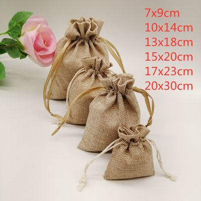 5-20pcs/lot Natural Linen Burlap Bag Jute Gift Bag Drawstring Gift Bags With Handles Gift Packaging Party Favor Candy Bags