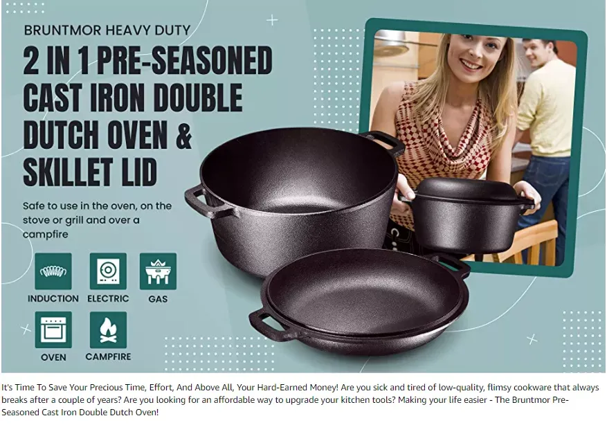 Bruntmor 2 In 1 Cast Iron Double Dutch Oven Set 10 inch Skillet Lid 5 Quart