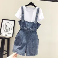 Plus Size Womens Summer Suit 2022 New Short-Sleeved T-Shirt Cover Belly Slim Denim Suspenders Shorts Two-Piece Set