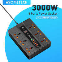 ASOMETECH 6พอร์ต20W PD QC3.0 USB ชาร์จเร็ว,อะแดปเตอร์สถานีชาร์จเร็ว3000W 6ช่องเสียบ AC สำหรับ iPhone 12 Samsung Vivo