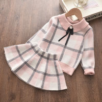 Girls baby clothes autumn and winter warm knitted sweater suit girls plaid knitted sweater dress two-piece girl clothing