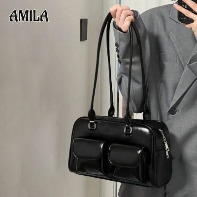 AMILA กระเป๋าสตรีเกาหลี Glossy Black สิทธิบัตรหนังไหล่กระเป๋า Retro Preppy สไตล์ความจุสูงวิทยาลัยนักเรียนพร็อพกระเป๋า