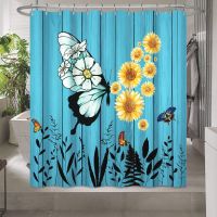 Cyan Wood Flowers Thick Waffle Butterfly Stripe Shower Curtain Waterproof Shower Curtain Simple Hook Bathroom Tub Shower Cover