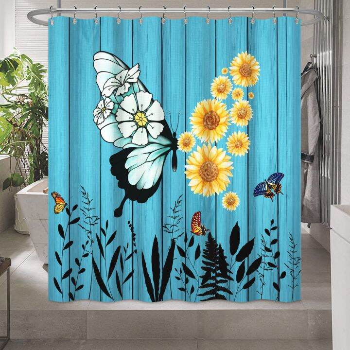 cyan-wood-flowers-thick-waffle-butterfly-stripe-shower-curtain-waterproof-shower-curtain-simple-hook-bathroom-tub-shower-cover