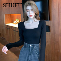 SHUFU 2294 พร้อมสต็อก สไตล์เกาหลี Ins เสื้อคอเหลี่ยมแขนยาวลำลองเสื้อยืดผ้าฝ้ายสำหรับผู้หญิงเสื้อยืดขนาดใหญ่