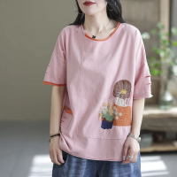 CottonDesign 40-77กิโลกรัมเสื้อปักลายแฟชั่นเสื้อยืดดีไซน์เนอร์ลายการ์ตูนสำหรับผู้หญิงเสื้อยืดผ้าฝ้ายเสื้อแขนสั้นเสื้อฤดูร้อนไซส์ใหญ่พิเศษ3BT0787