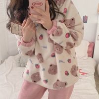 Strawberry Bear Print Flannel Pajamas Set Pajamas Autumn Winter Warm Flannel Women Pyjamas Sets Thick Coral Velvet Long Sleeve