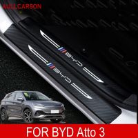 สติกเกอร์หนังธรณีประตูรถยนต์สำหรับ BYD Atto 3 EV 2022 2023แผ่นป้องกันแผ่นคาร์บอนไฟเบอร์อุปกรณ์เสริมประตูท้าย