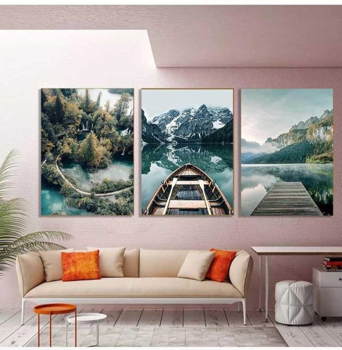 nordic-ภาพวาดตกแต่งภาพ-modern-home-decorati-สแกนดิเนเวียนธรรมชาติ-landscape-wall-art-โปสเตอร์-mountain-lake-เรือพิมพ์