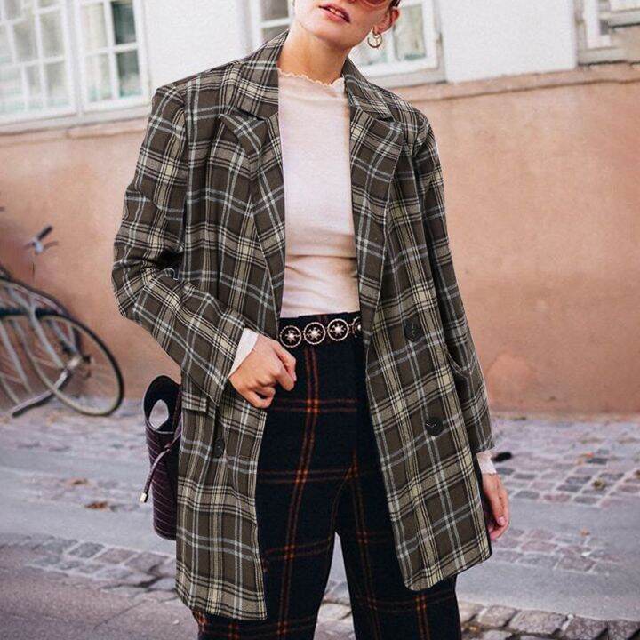 celmia-women-elegant-plaid-long-sleeve-collar-double-breasted-casual-blazer