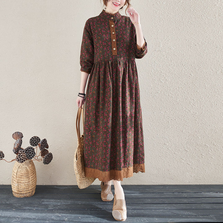 2021NYFS 2021 New Spring Autumn Vintage Small floral Lacework Long sleeve Woman Dress Vestido de mujer Robe Elbise Dresses for Women