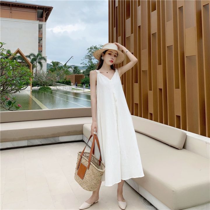 super-beautiful-seaside-resort-wind-white-cotton-jacquard-v-neck-condole-fairy-dress