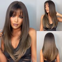 Brown Ombre Synthetic Wigs with Bangs Long Wavy Layered Natural Hair Wigs for Women Brown Daily Wig Heat Resistant