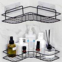 1pc Wrought-iron Bathroom Shelf  Corner Non-perforated Storage Rack  Wash Rack  Kitchen Self-adhesive Tripod With 4 Hooks Bathroom Counter Storage