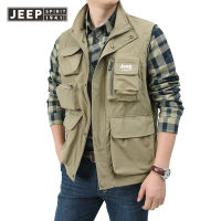 เสื้อกั๊กผู้ชายแบบมีกระเป๋าหลายใบตาข่ายประมง JEEP SPIRIT การพักผ่อนกลางแจ้งการปีนเขาเสื้อกั๊กลายรูปภาพผู้ชายสำหรับฤดูร้อน