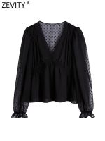 ✘▲ Zevity Women Fashion V Neck Lace Patchwork Black Chiffon Smock Blouse Female Pleats Casual Shirts Chic Kimono BlusasTops LS2378