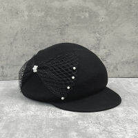 ? Elegant Fashion Pearl Mesh Bowknot Woolen Equestrian Hat Womens Autumn And Winter Dome Wide Brim Face-Looking Small Peaked Cap