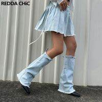 【CC】♠  REDDACHiC 90s Streetwear 2-Piece Skirt Set Low Rise Denim Pleated with Bandage Leg Warmers Frayed Y2k