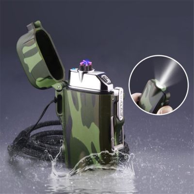 ZZOOI Waterproof Double Arc Lighter Outdoor Windproof USB Electronic Lighter With Flashlight Camping Explore Tool Smoking Accessories