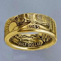 Half Dollar Silver Color Coin Rings for Men Vintage Fashion Punk Jewelry Mens Antique Wedding Band Engagement Ring Male Gifts