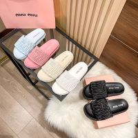 Summer miu miuˉnew pleated slippers daily casual thick-soled flat-bottomed slippers shoes super hot outerwear all-match womens shoes