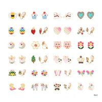 24 Pairs Fruit and Animal Earrings Set Retro Flower Heart Earrings Female Mixed Color Ear Clips for Non perforated Ears