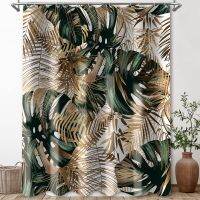 【YD】 Hawaii Shower Curtain Gold Leaves Fabric Jungle Set