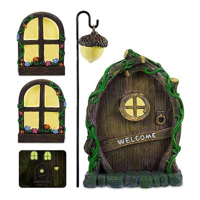 Fairy Door and Windows for Trees - Glow in the Dark Yard Art Sculpture Decoration for Kids Room,with Bonus Fairy Lantern