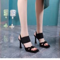 Shoes for Women 2023 Fashion Elastic Band Womens Sandals Summer Heeled Sandals Square Toe Shoes Ladies Zapatillas De Mujer