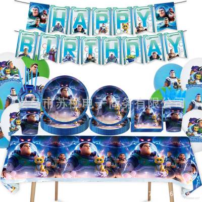 Buzz Lightyear theme kids birthday party decorations banner cake topper balloons plates table cloth bags
