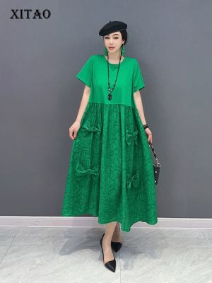 XITAO Dress Bow Splicing Loose Casual Women T-shirt Dress