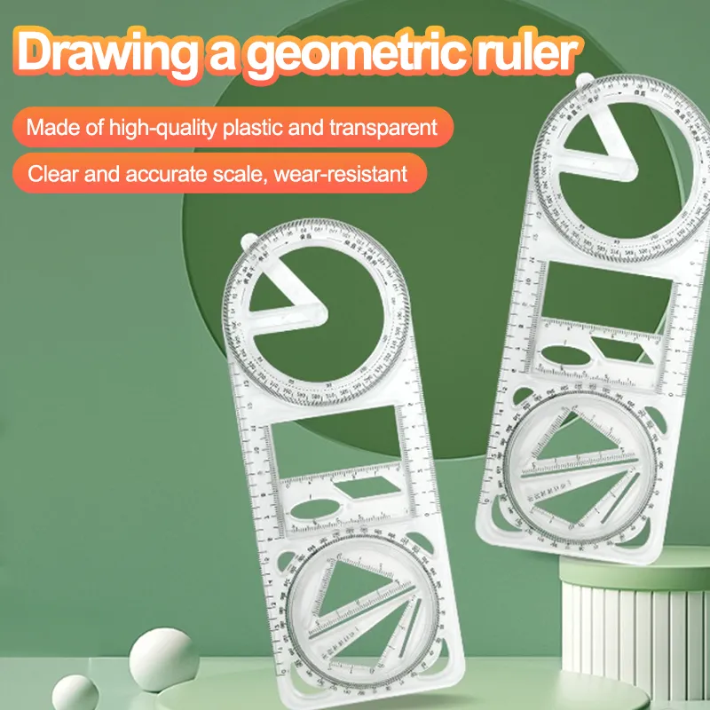 Multifunctional Geometric Ruler Drawing 2 Pcs Template Clear