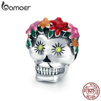 BAMOER Halloween Collection 925 Sterling Silver Flower Skull Charms Colorful Enamel Beads fit Women celets DIY Jewelry SCC888